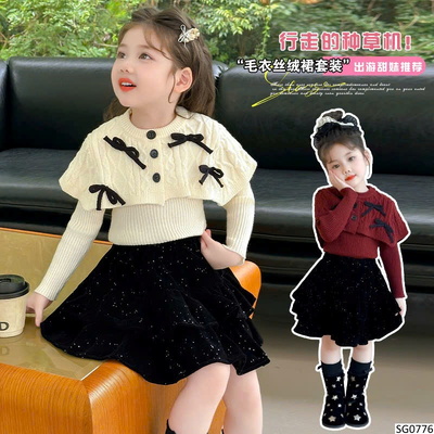 SG0776 SET ÁO LEN NƠ MIX CHÂN VÁY NHUNG CHO BÉ
