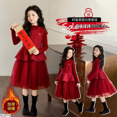 SG0775 SET VÁY DẠ ĐỎ PHỐI VOAN CHO BÉ GÁI