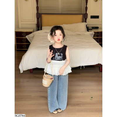 SG0784 SET ÁO KITTY MIX QUẦN JEAN SUÔNG 