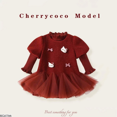 SG0798 SET VÁY DẠ KITTY TAY PHỒNG PHỐI ÁO LEN CHERRY COCO
