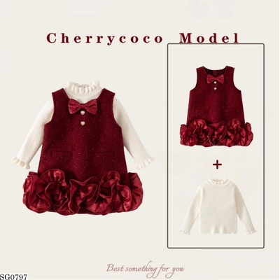 SG0797 SET VÁY GẮN NƠ PHỐI ÁO LEN CHERRY COCO