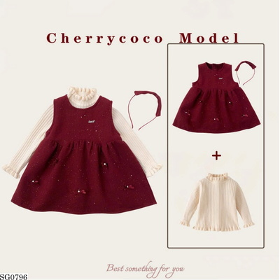SG0796 SET VÁY GẮN NƠ PHỐI ÁO LEN KÈM CHERRY COCO