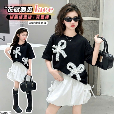 SG0802 SET ÁO THUN PHỐI CHÂN VÁY NGẮN GẮN NƠ BG
