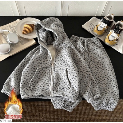 ST7145 SET NỈ HỌA TIẾT CHẤM BI ÁO HOODIE ZIP PHỐI QUẦN