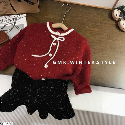 SG0820 SET ÁO LEN NƠ CHẤM BI MIX CV DÀI ĐÍNH ĐÁ