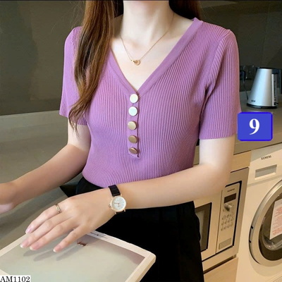 AM1102  ÁO THUN GÂN CỔ V CÀI NÚT