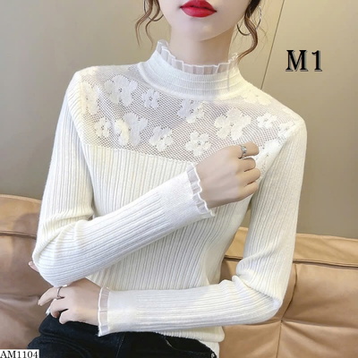 AM1104 ÁO DỆT KIM PHỐI REN CỔ CAO NỮ