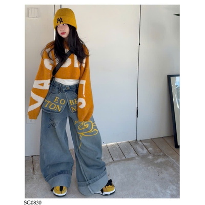 SG0830 SÉT ÁO LEN CROPTOP MIX QUẦN JEAN CHỮ CÁ TÍNH