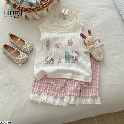 SG0816 SET ÁO KITTY MIX QUẦN KẺ CARO NINGLI