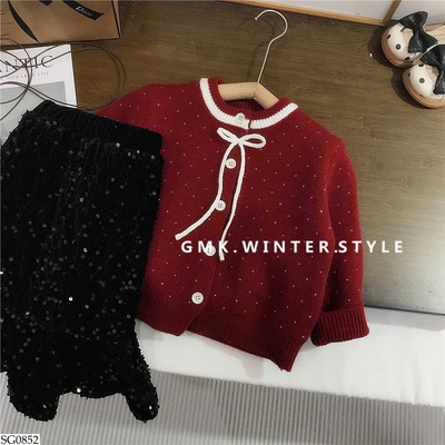 SG0852 SET ÁO LEN NƠ CHẤM BI MIX CV DÀI ĐÍNH ĐÁ