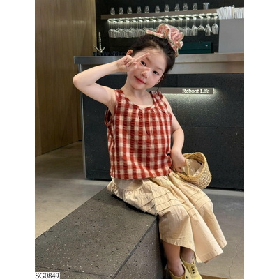 SG0849 SET ÁO KẺ CARO MIX CHÂN VÁY A  