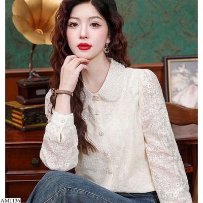 AM1136 ÁO REN MIX CỔ LONG LANH 
