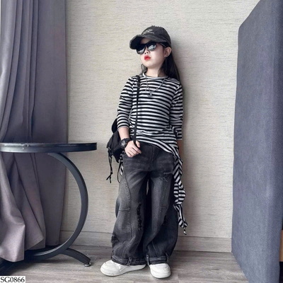 SG0866 SET ÁO KẺ MIX QUẦN JEAN RÁCH BG