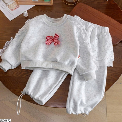 SG0872 BỘ NỈ BÉ GÁI PHỐI REN NƠ XINH
