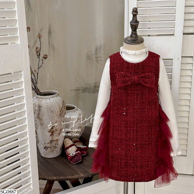 SG0887 VÁY NƠ ĐỎ PHỐI ÁO LEN