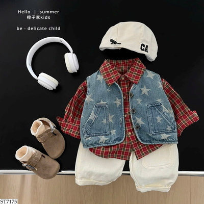 ST7175 SET ÁO SƠ MI KẺ MIX GILE NGÔI SAO BT