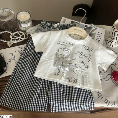 SG0919 SET ÁO THUN KITTY MIX QUẦN DÀI KẺ CARO BG