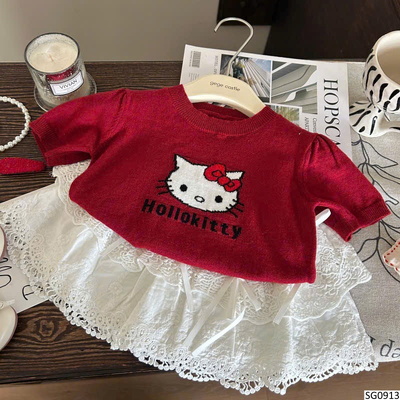 SG0913 SET ÁO KITTY MIX CHÂN VÁY REN CHO BÉ
