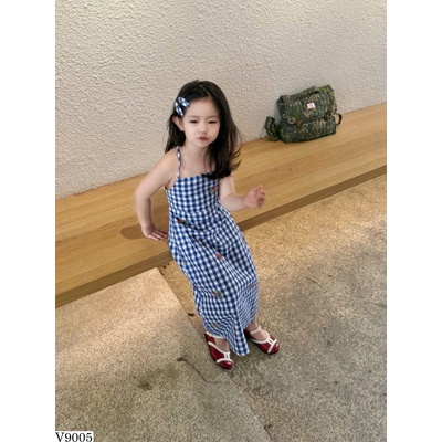 V9005 VÁY DÀI KẺ CARO HỞ LƯNG BG