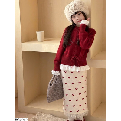 SG0969 SET ÁO LEN ĐỎ MIX CV DÀI HỌA TIẾT TRÁI TIM BG