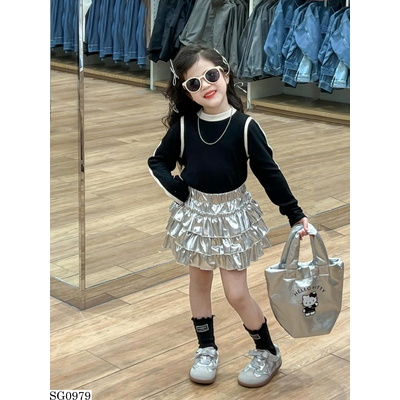 SG0979 SET ÁO DÀI TAY MIX CV TẦNG MÀU BẠC BG