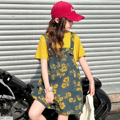 SG1057 SET QUẦN YẾM HỌA TIẾT HOA VÀNG MIX ÁO THUN BG