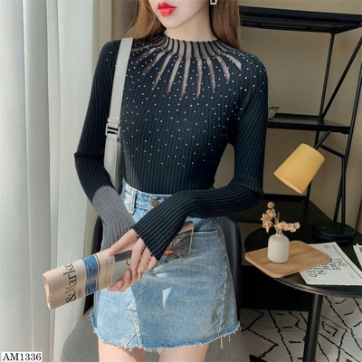 AM1336 ÁO LEN GÂN PHỐI LƯỚI ĐÍNH ĐÁ CỔ CAO