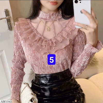 AM1342 ÁO PHỐI LƯỚI BÈO CỔ CAO