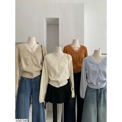 AM1340 ÁO CARDIGAN LEN PHỐI REN HOA CỔ V 
