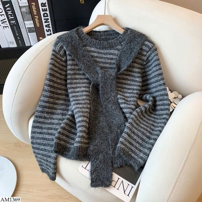 AM1369 ÁO LEN KẺ MIX KHĂN CHO NỮ