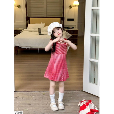 V9085 VÁY 2 DÂY KẺ CHO BÉ GÁI