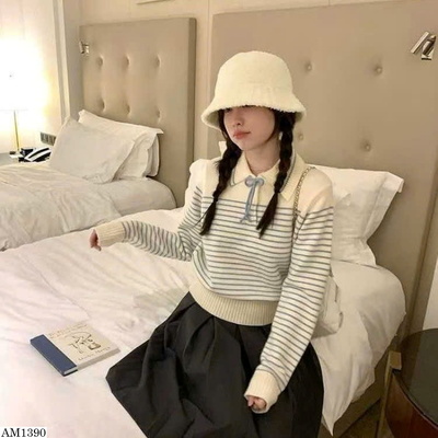 AM1390 ÁO LEN KẺ NGANG CỔ NƠ NỮ