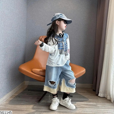 SG1145 SET ÁO THUN DÀI TAY MIX QẦN JEAN RÁCH PHỐI MÀU