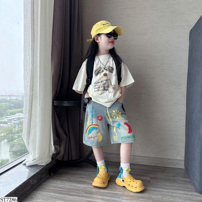 ST7286 SET ÁO PHÔNG CÚN MIX SHORT JEAN HỌA TIẾT 