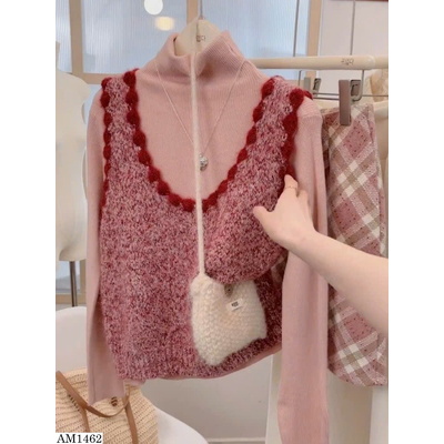 AM1462 ÁO LEN CỔ LỌ MIX GILE LÔNG PHỐI REN NỮ