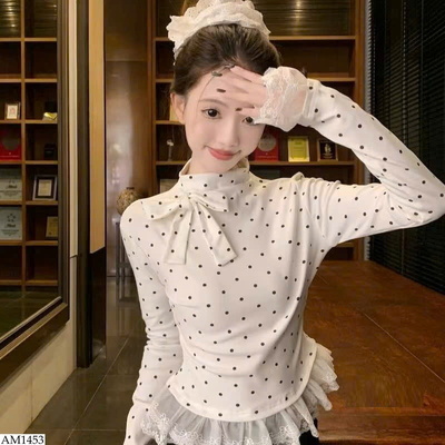 AM1453 ÁO CHẤM BI PHỐI REN NỮ