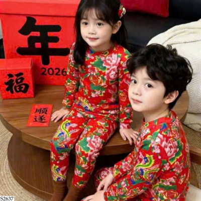S2637 BỘ NGỦ ĐỎ HỌA TIẾT CHO BÉ