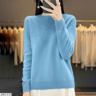 AM1533 ÁO LEN DỆT HOA CỔ TRÒN TAY DÀI