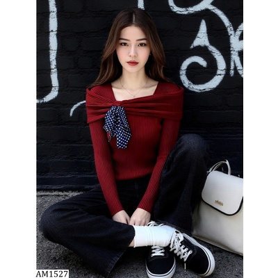 AM1527 ÁO LEN XINH CỔ VUÔNG NƠ CHẤM BI ANNA