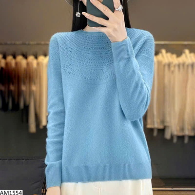 AM1554 ÁO LEN DỆT HOA CỔ TRÒN TAY DÀI