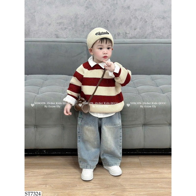 ST7324 SET ÁO LEN KẺ MIX QUẦN JEAN MAIBAO