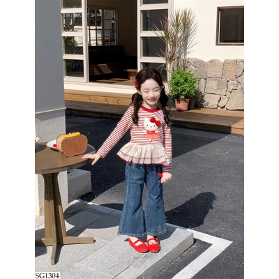 SG1304 SET ÁO KẺ KITTY MIX QUẦN JEAN LOE BG