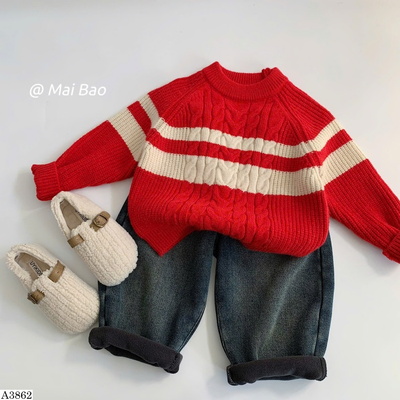 A3862 ÁO LEN KẺ SỌC ĐỎ CHO BÉ MAIBAO