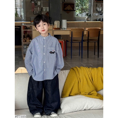 ST7355 SET ÁO SƠ MI KẺ MÈO CON MIX QUẦN JEANS AOAOKIDS