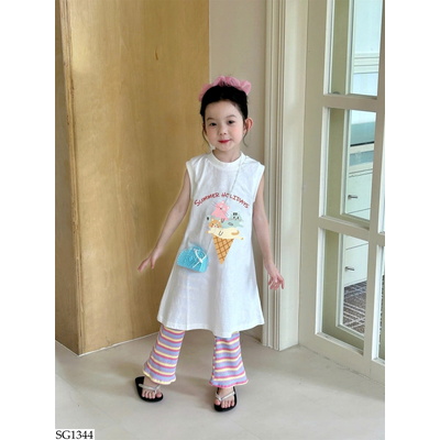 SG1344 VÁY SÁT NÁCH+QUẦN KẺ ỐNG LOE