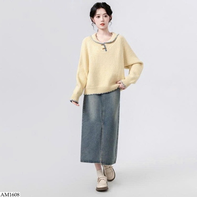 AM1608 ÁO LEN NỮ DÁNG RỘNG PHỐI NÚT CỔ