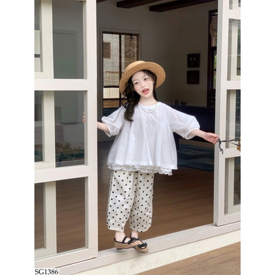 SG1386 SET ÁO TRẮNG MIX QUẦN CHẤM BI BG