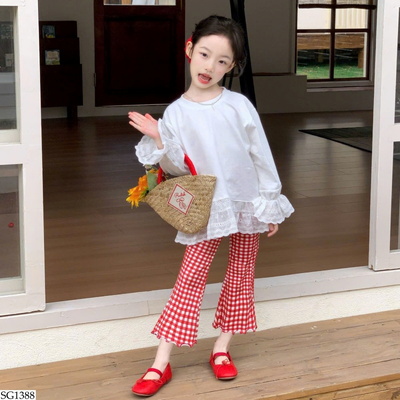 SG1388 SET ÁO TRẮNG MIX QUẦN LOE KẺ CARO
