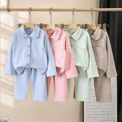 S2647 PIJAMA MẶC NHÀ KẺ CARO CHO BÉ