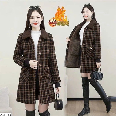 AM1762 ÁO KHOÁC CARO CỔ LÔNG CHO NỮ